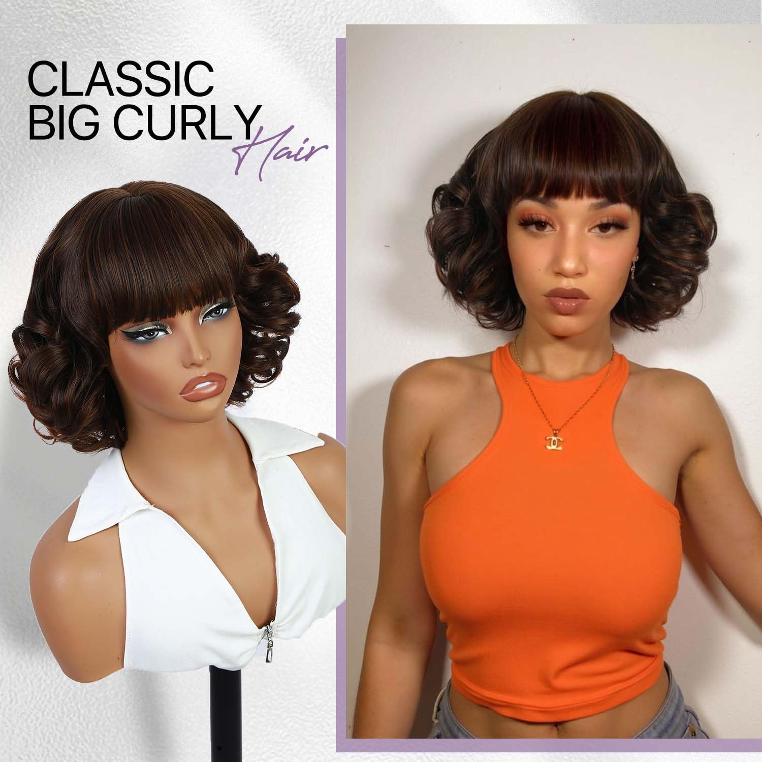 Fancy Hair Trendy Mixed Brown Short Curly Wig with Bangs - Synthetic Fiber Party Bob Wig for Women, Voluminous Curly Hairstyle for Daily & Cosplay