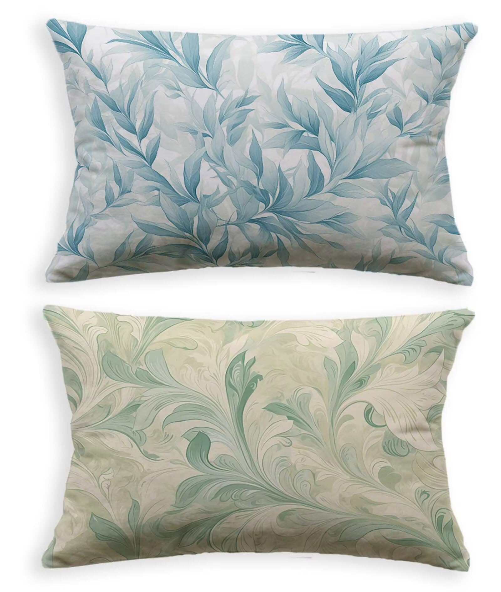 Housse de Coussin Vert Sauge 40x60 cm en Velours Imprimé Feuille | Lot de 2
