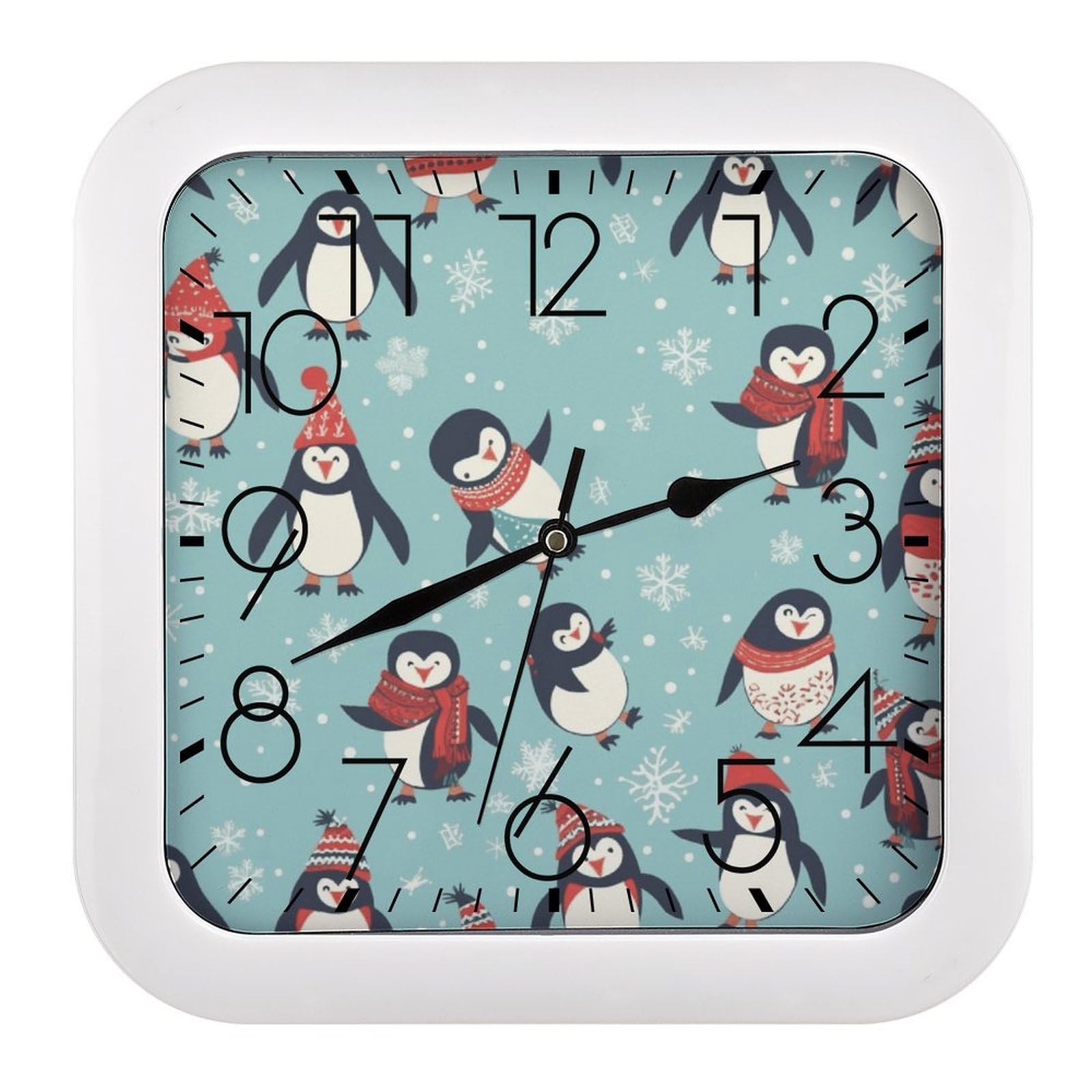 FekiLoot Square Winter Christmas Penguins Wall Clock Decorative Battery Operated Analog Clocks Silent Non-Ticking Frame Wall Clocks Perfect Kitchen Or Office Clock 10 Inch