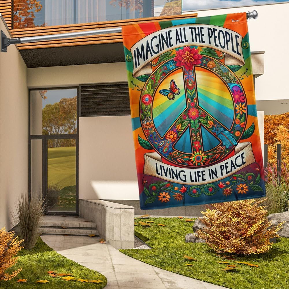 American Flag-Peace Sign Hippie Flag Imagine All The People Living Life In Peace Flag MLN3253F, Garden Flag (11.5" x 17.5")-USA Flags Premium Polyester-Decorative Indoor Outdoor Flag