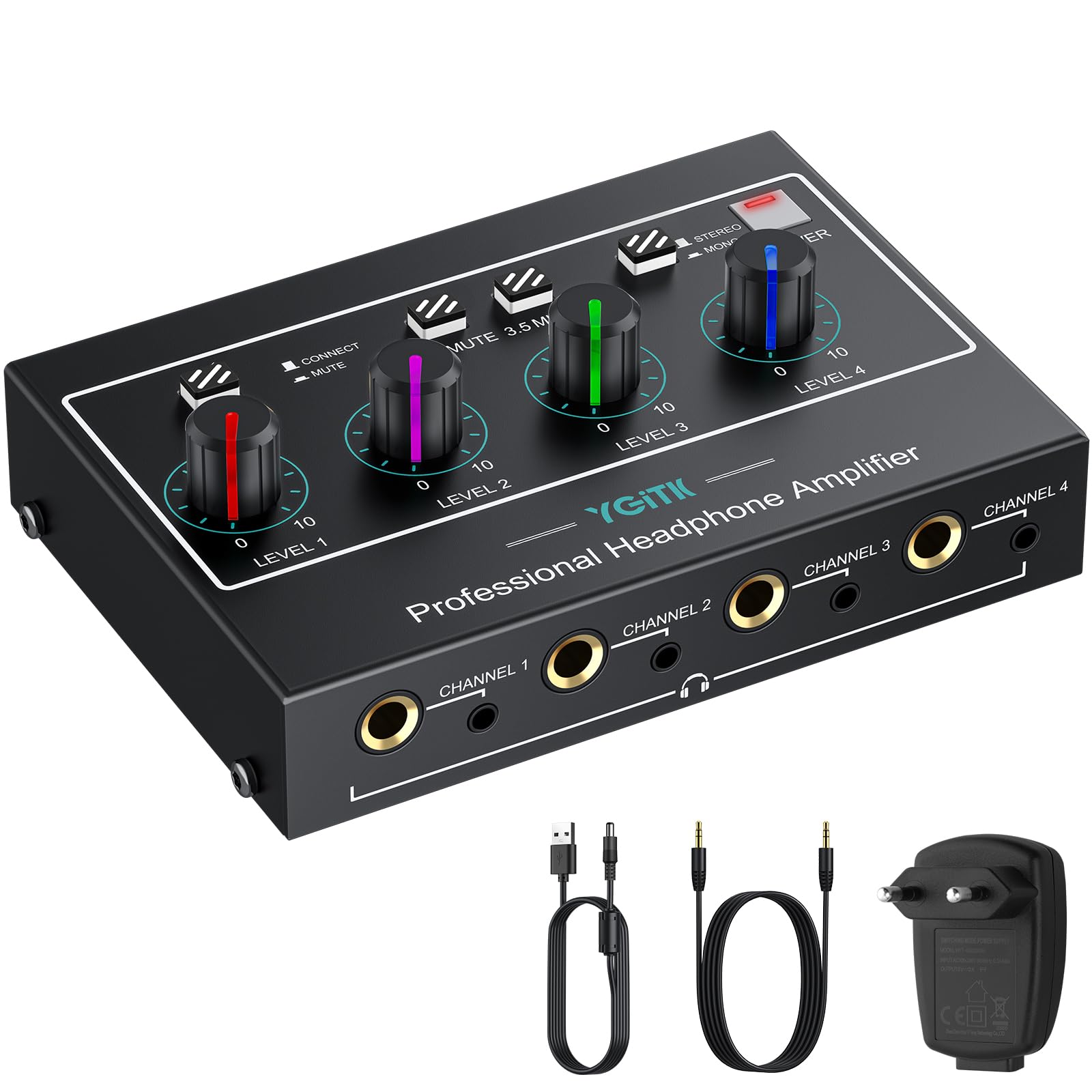 YGiTK Headphone Amplifier with Light, 4 Channel Mono/Stereo Audio Amplifier with Power Adapter 3 Input Mute & Audio Mixer, Ultra-Compact Headphone Amp Splitter 1/4" & 1/8" TRS Output for Studio