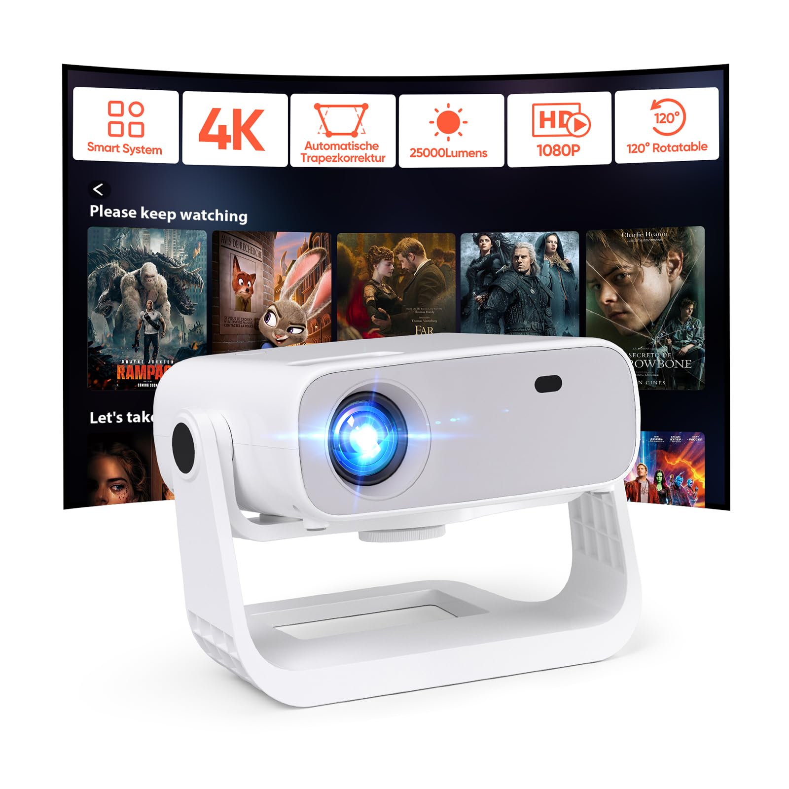 2025 Neuer Smart Beamer,Integrierte Apps,Full HD 1080P mit 4K-Unterstützung,25000 Lumens, 4D-Trapezkorrektur,Heimkino 4K Beamer Kompatibel mit iOS/Android/PS5