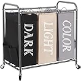 STORAGE MANIAC 3 Section Laundry Sorter, 35.9 Gal (136 L) Laundry Hamper Cart with Heavy Duty Rolling Lockable Wheel and Removable Bag, Clothes Organizer Basket Clothes Separator Hamper, Multicolored
