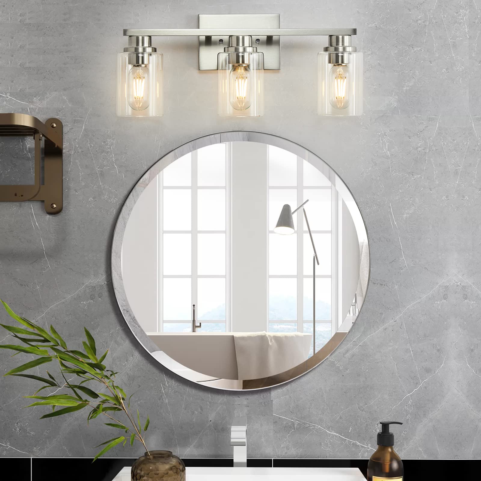 Atocif 3 Light Bathroom Vanity Light, Brushed Nickel Bathroom Light Fixture with Clear Glass Shade, Bathroom Wall Sconces Over Mirror for Stair, Living Room, Bedroom, Bathroom