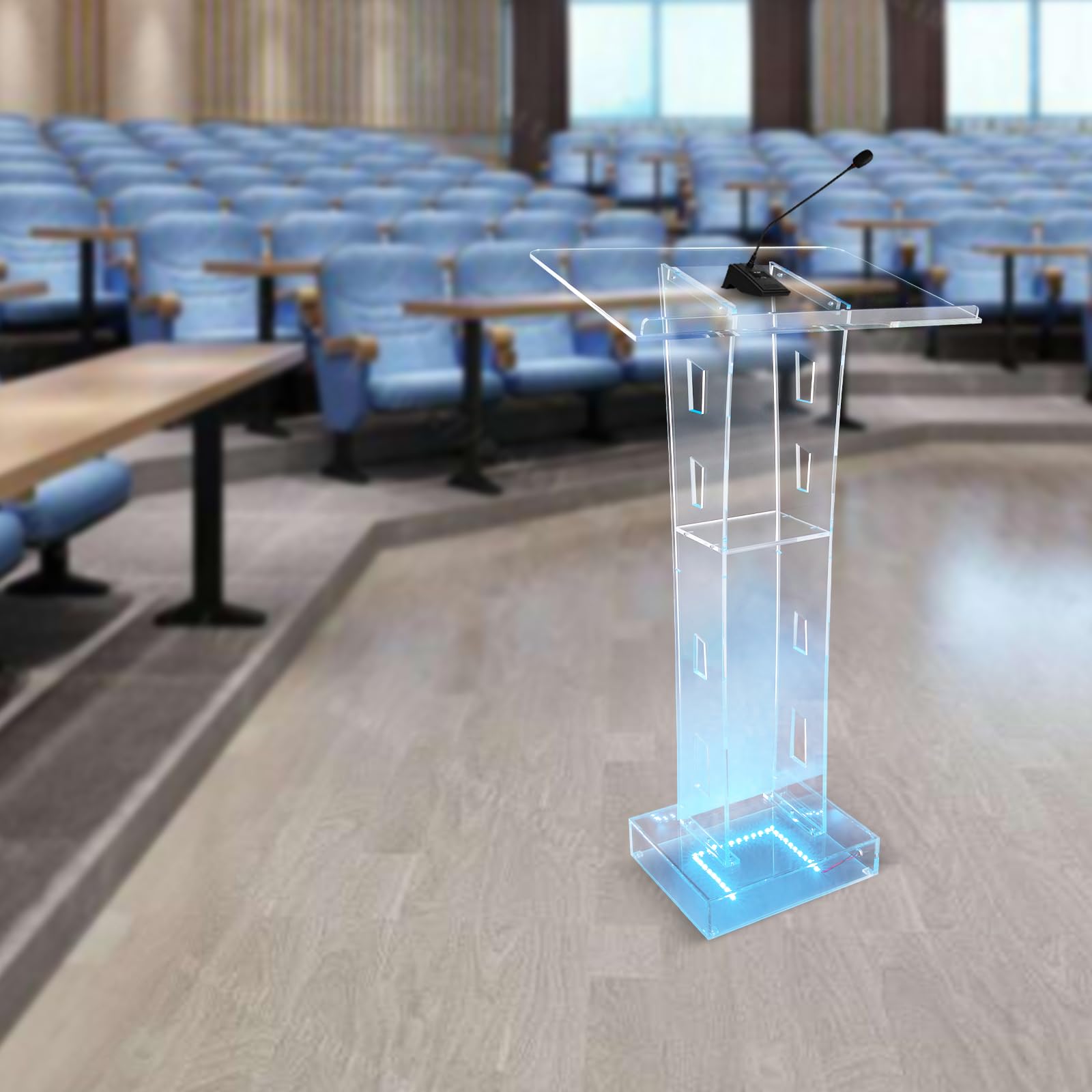 Lucite Podium en Acrylique Transparent Chaire D'église Podium Transparent Table de Conférence Podium en Acrylique avec Lumière LED Bleue,Convient pour église, école, Ambassade, Scène