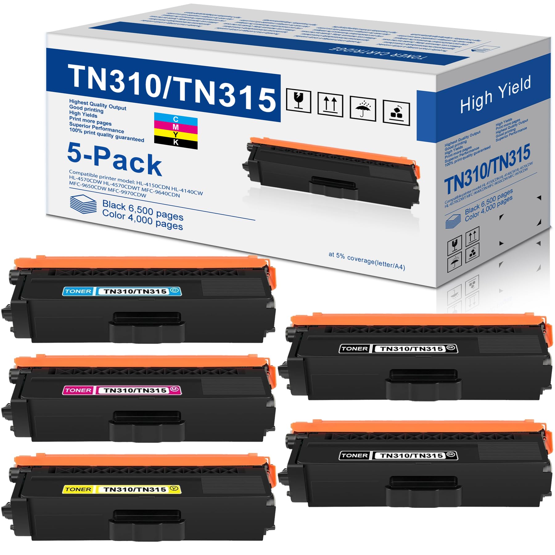 TN-315 TN310 Toner Cartridge High Capacity Replacement for Brother TN315 Toner for HL-4150CDN 4570CDW MFC-9970CDW 9640CDN 9650CDW Printer (5-Pack, 2BK