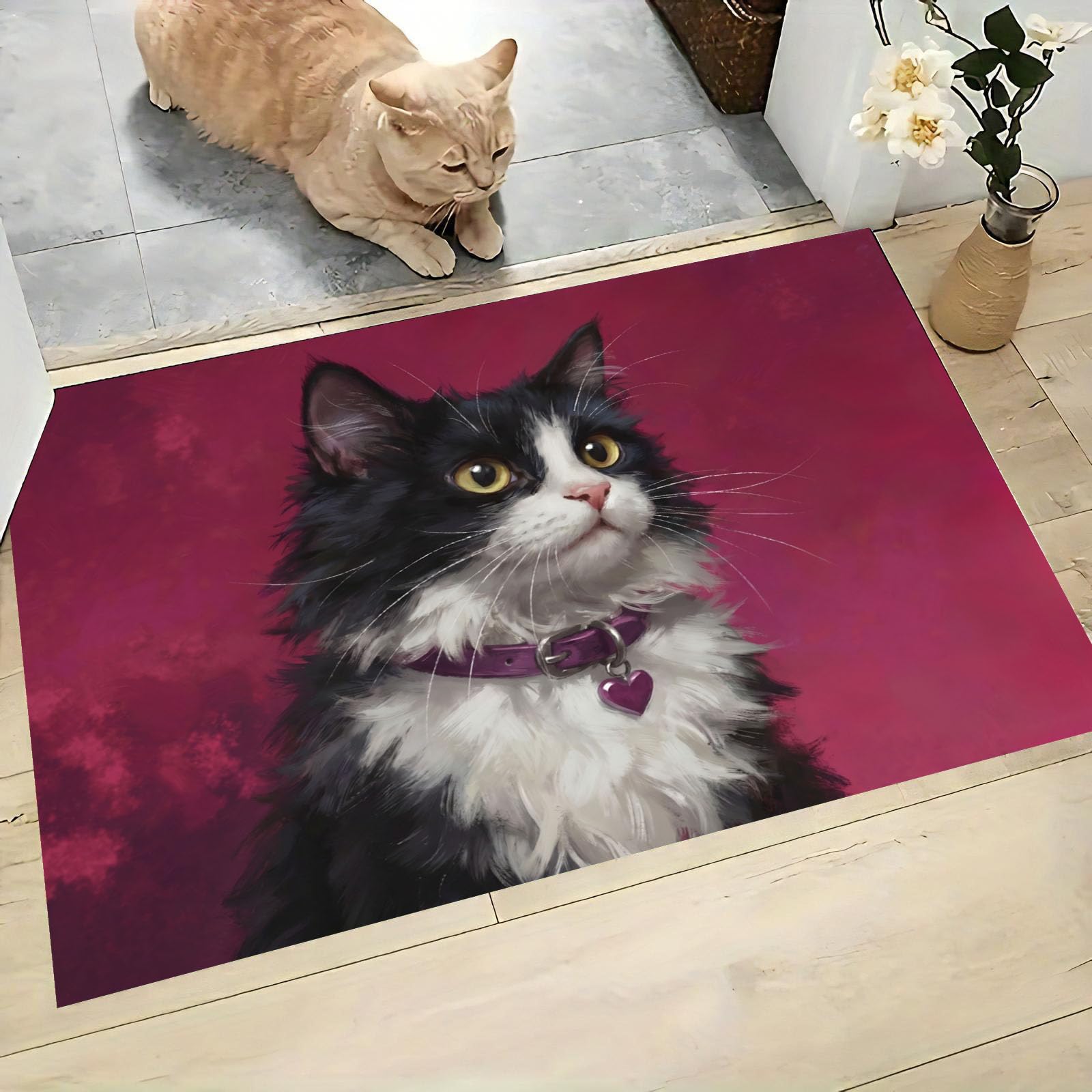 Felpudo Entrada Casa 60x120cm, Alfombra Puerta Retrato De Gato | Tapete Perfil Bajo Gato Blanco Y Negro, Súper Absorbente, Antideslizante, Lavable en la Lavadora para Entradas, Interiores y Cocinas