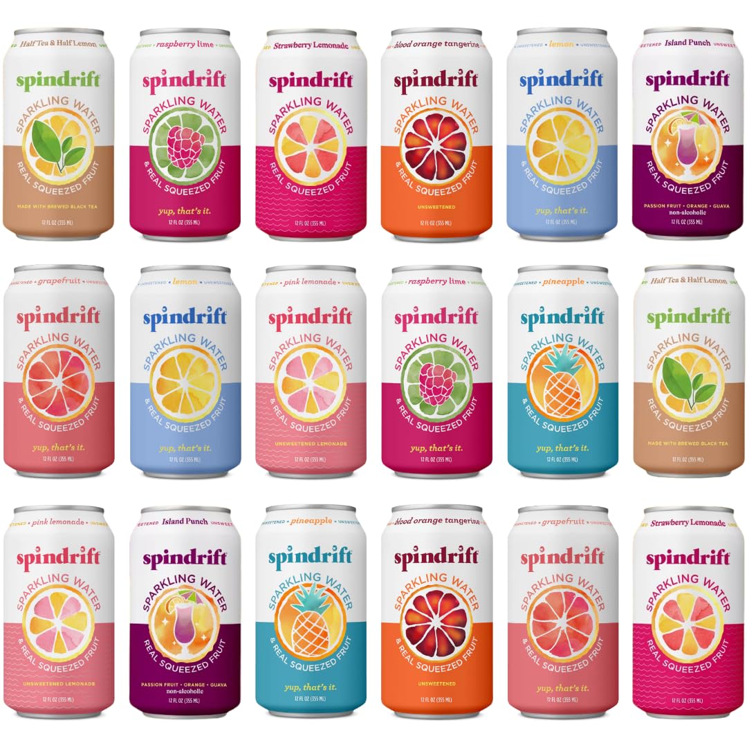 Spindrift Sparkling Water, Ultimate Variety Pack – 9-Flavor Pack of 18 – Made with Real Squeezed Fruit, 12 Fl Oz Cans, 18-Count