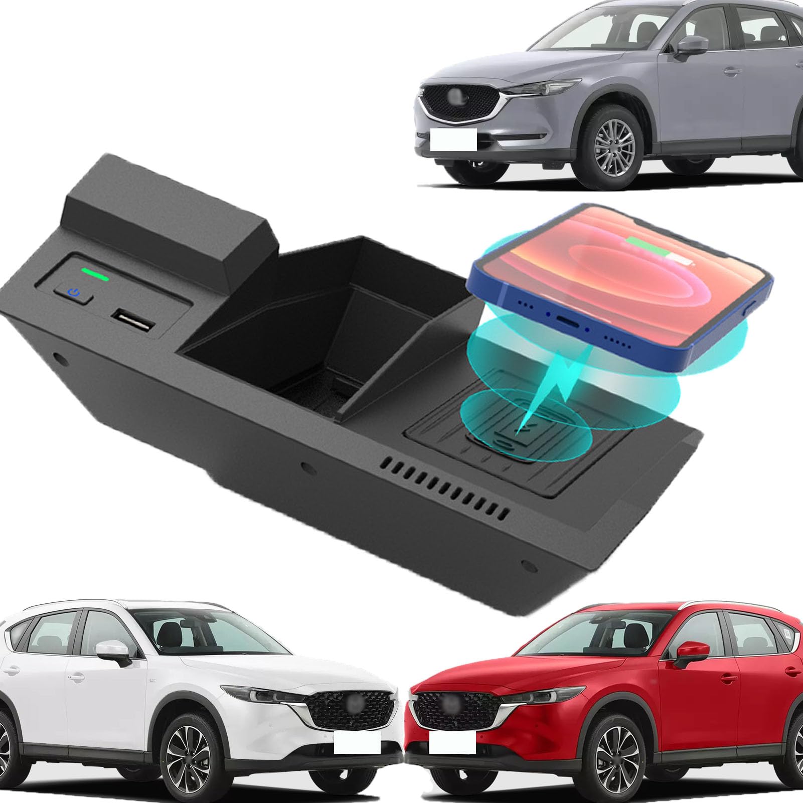 Caricabatterie Wireless per Auto per Tutti i Modelli Cx-5 Accessorio con 15 W Wireless e USB Qc3.0 Ricarica Rapida Regalo per la Famiglia