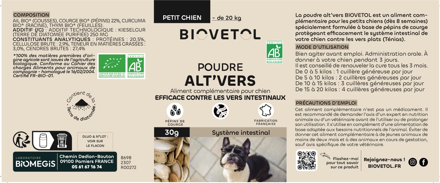 BIOVETOL - Alt'vers - Efficace Contre Les vers - Bio Certifié Ecocert - Petit Chien (-20 kgs)