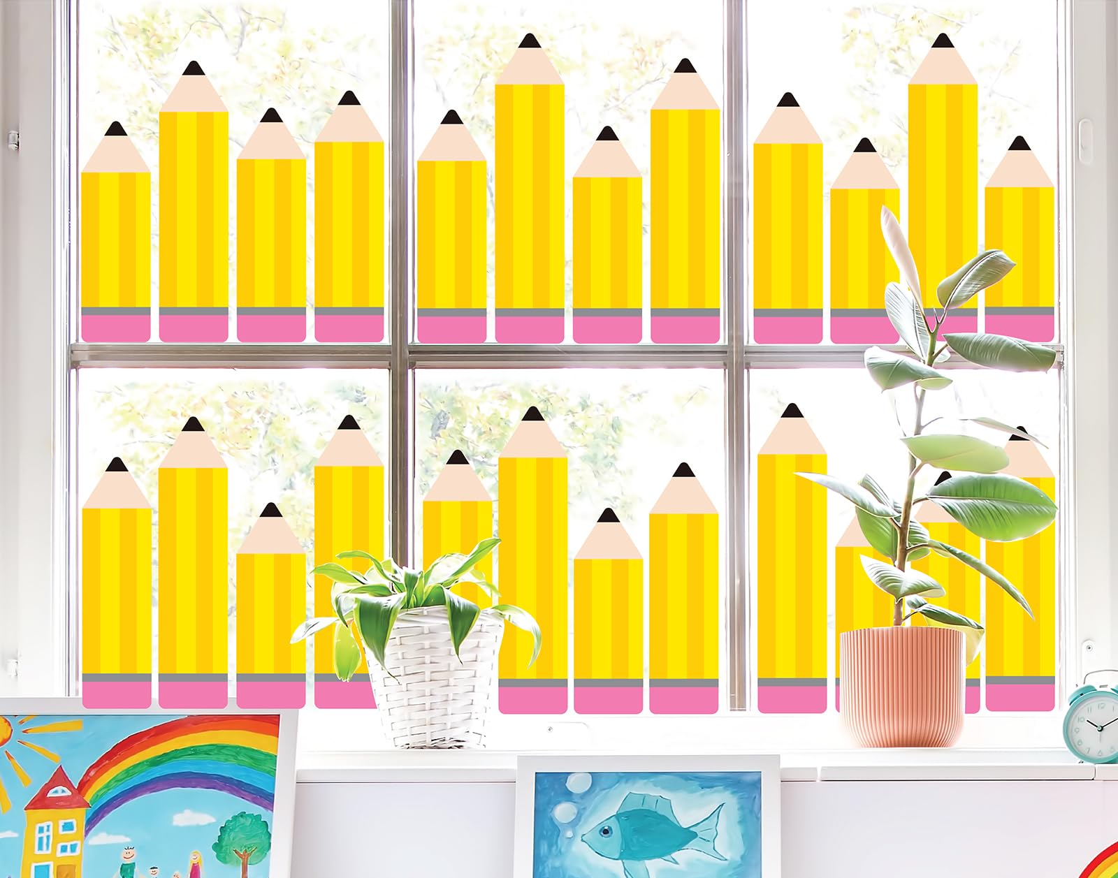 Whaline 9 Sheet Pencil Window Clings Back to School Yellow Pencil Reusable Window Decals for First Day of School Playroom Home Nursery Classroom Decor