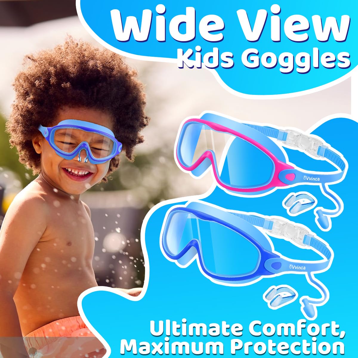 Vvinca Lunettes de natation pour enfants avec bouchons d'oreilles et pince-nez - Lunettes de natation anti-buée/UV pour garçons et filles de 3 à 15 ans