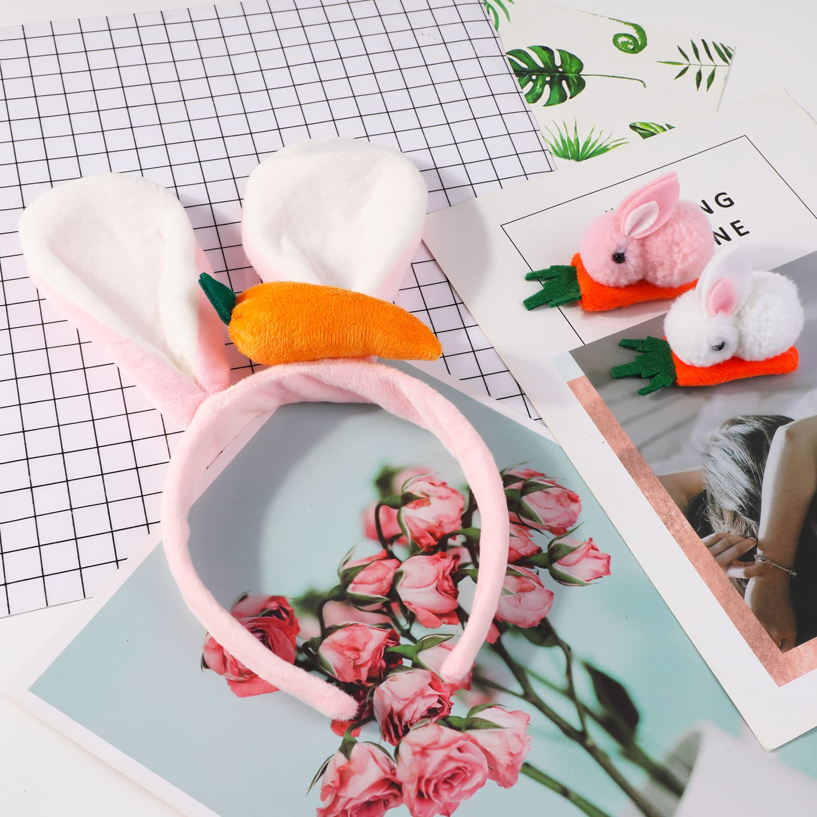 DPKOW 3pcs Cerchietto per Orecchie Coniglio di Pasqua, 2pcs Mollette per Capelli da Coniglio, Taglia Unica per Bambini Adulti Pasqua Coniglio Costume Travestimento Accessori Bomboniere Decorazioni