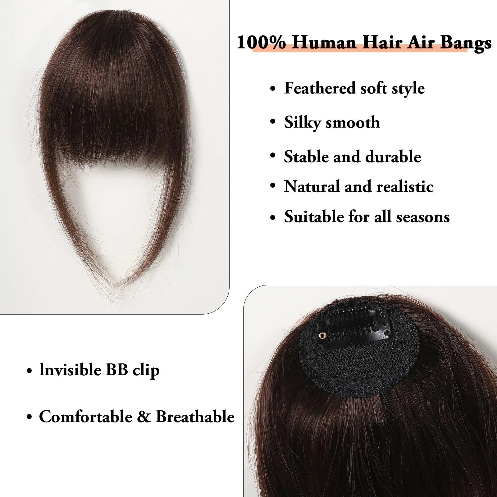 Frangia Clip Capelli Frangia di capelli umani al 100% Clip for capelli con frangia marrone naturale in frangia con tempie Parrucchino for donna Clip su Air Bang, 4,5 pollici Frangetta Finta(HLH1004-2)