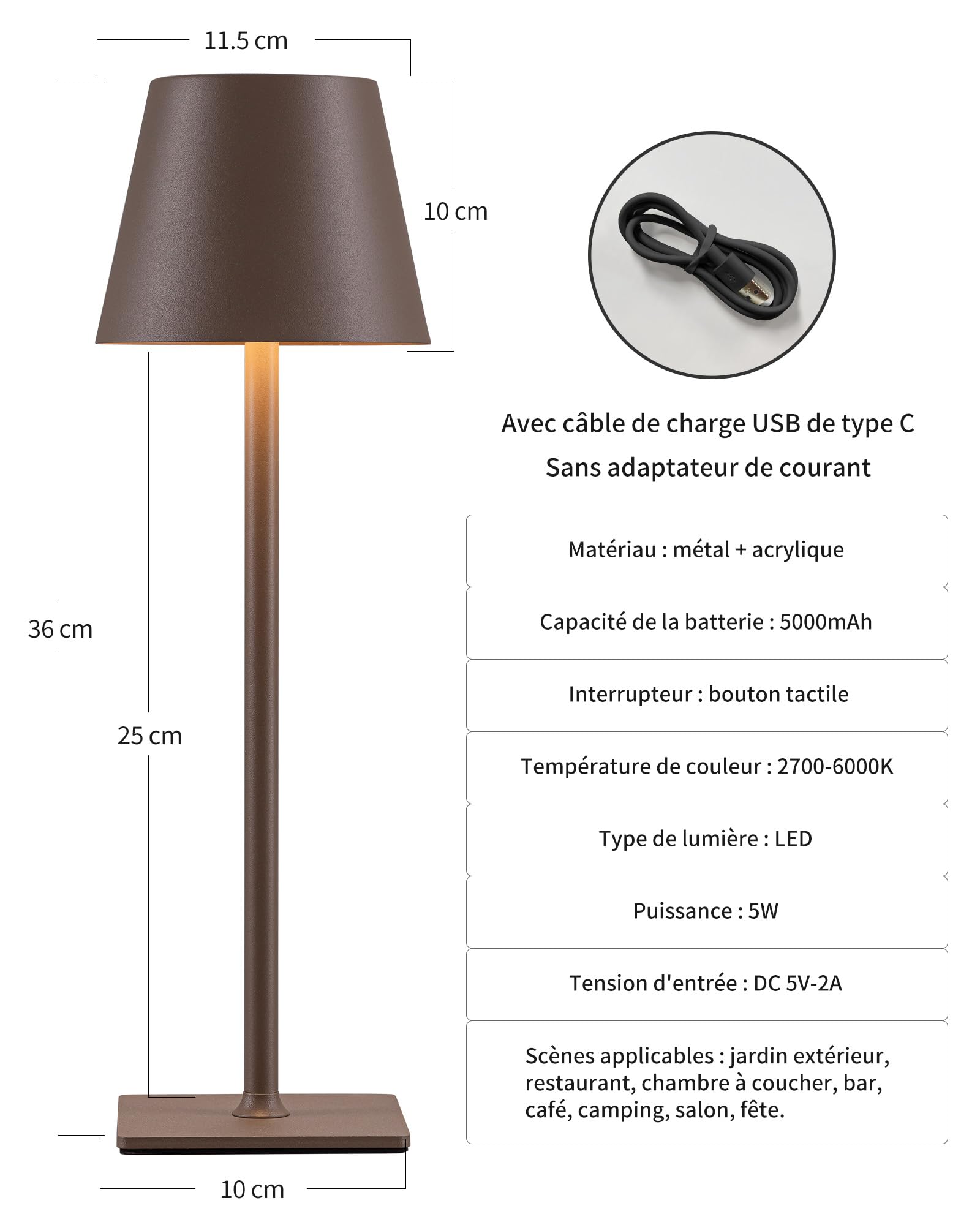 2 lampade da tavolo LED senza fili, lampada da comodino ricaricabile, dimmerabile, batteria 5000 mAh, 2700 – 6000 K, per interni ed esterni, impermeabile (marrone)