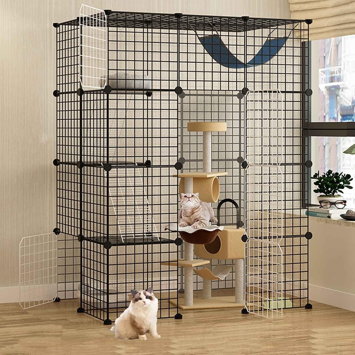 Cat Cages Indoor Large, Metal Pet Playpen Detachable Large Cat Kennels, Kitten Crate for Small Animal DIY Assembly, Super Load Bearing,Exercise Place Ideal for 1-4 Cats (Basic 111X75X147)