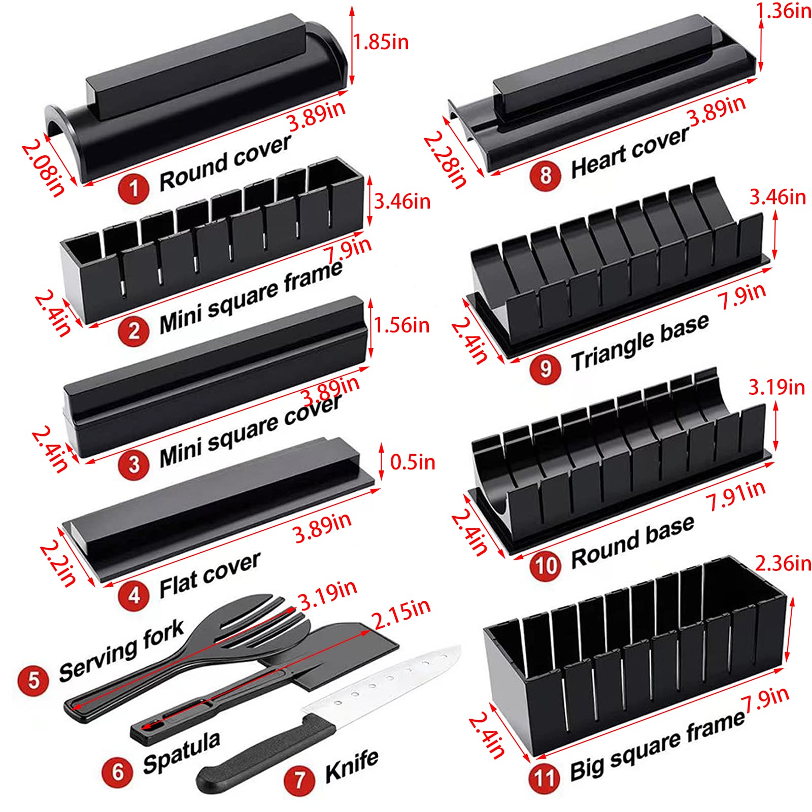 Kit per la Casa Sushi Maker, 11 Pezzi Completo con 8 Stampi per Riso Rotolo, Forchetta, Spatola, Coltello - Facile da Pulire e Usare, Lavabile in Lavastoviglie per la Cucina