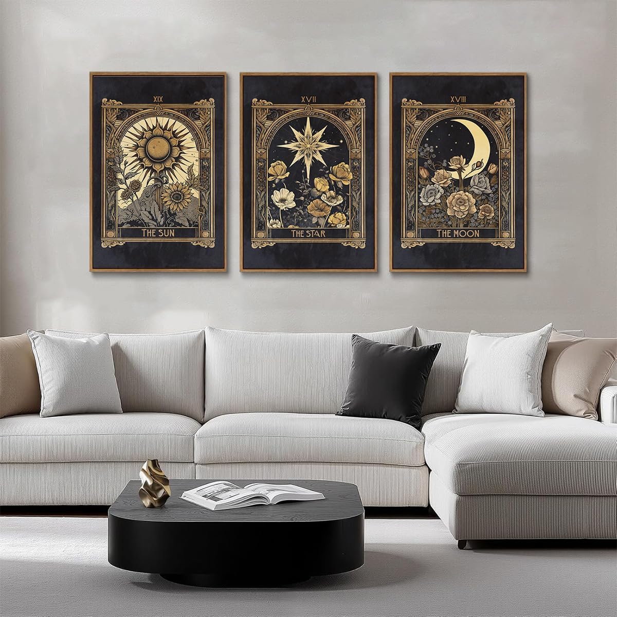 ZZTCYSU Sun and Moon Canvas Wall Art Celestial Framed Wall Art Dark Vintage Tarot Card Prints Gothic Mystical Artwork Astrology Floral Witchy Decor For Living Room Bedroom 16"x24"