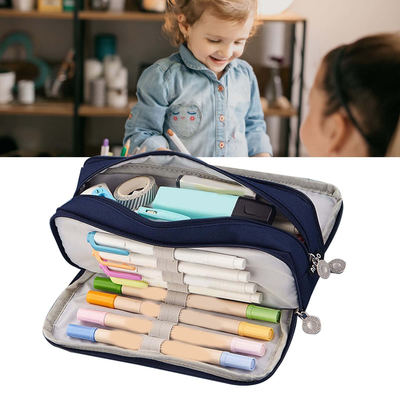SIXRUN Astuccio per Matite di Grande capacità, Astuccio in Tela con Cerniera con 3 Scomparti, per Penne Portatile con Doppia Apertura 21,5 X 9 X 7 Cm per Studenti e Uso in Ufficio (blu navy)