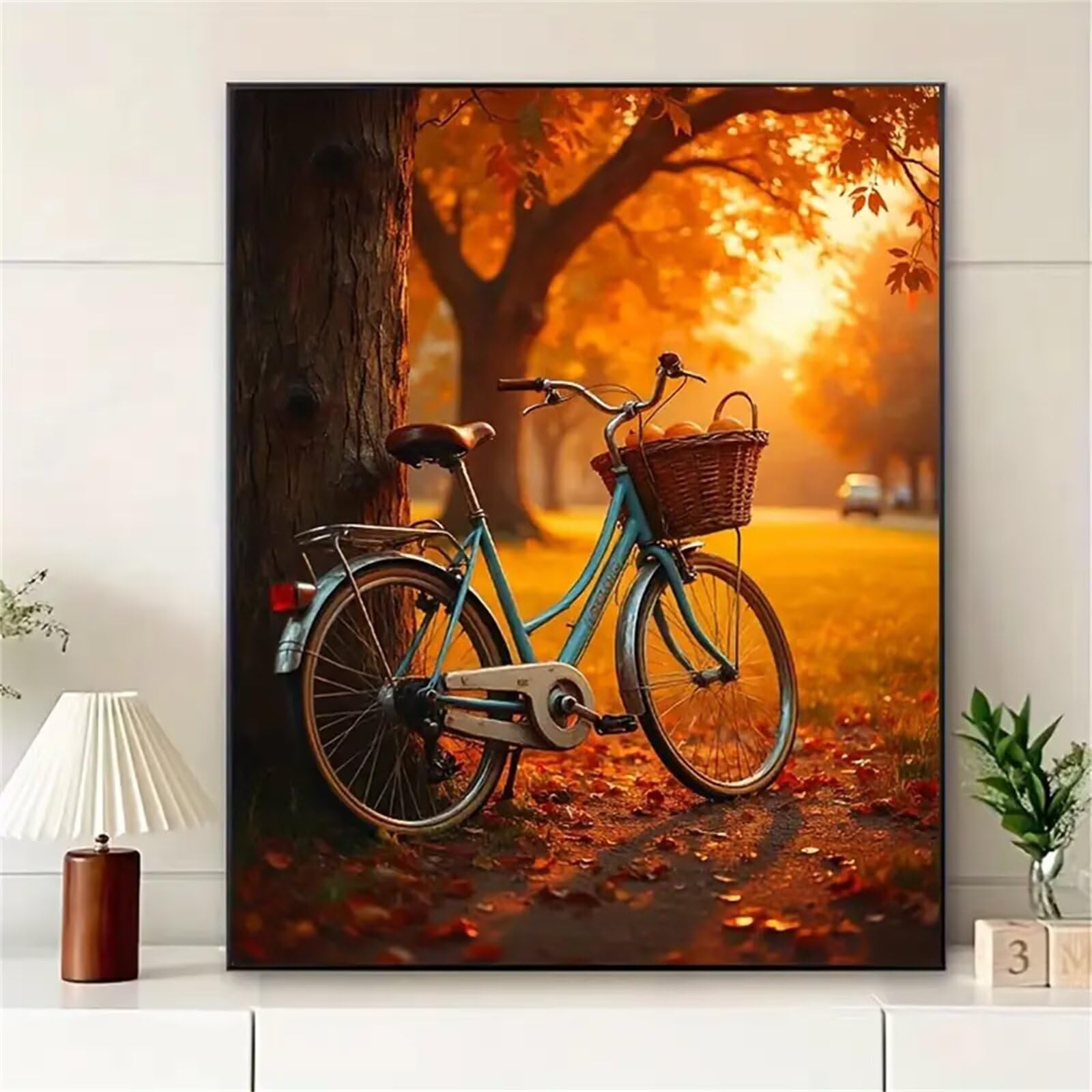 Pintar por Numeros para Adultos,con marco Paint by Numbers Kit DIY Cuadros Pintura al óleo de Lienzo con pigmento acrílico y pinceles para Hogar Pared Decoración Bicicleta de árbol de otoño,50x65 cm