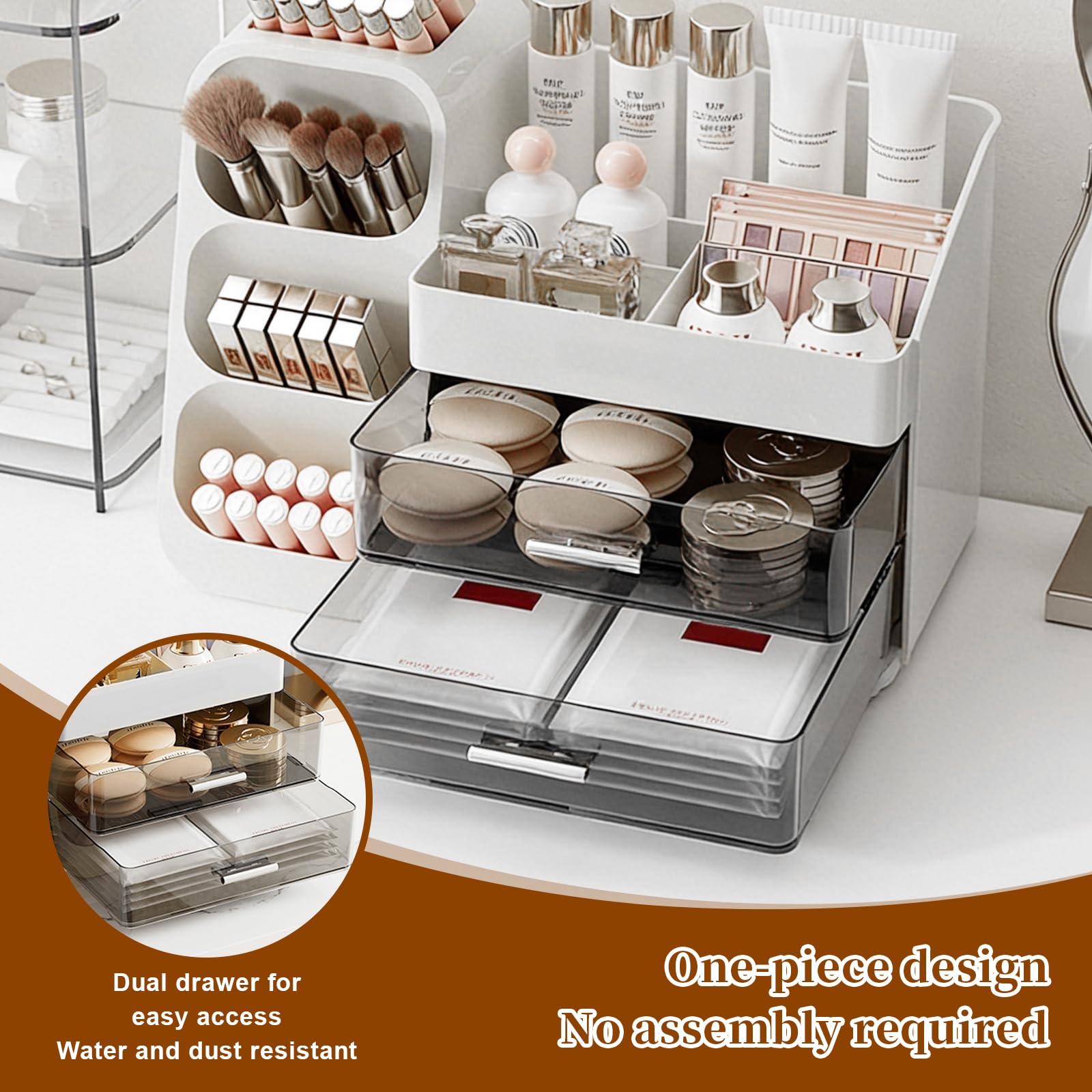 Organisateur de maquillage, organisateur de coiffeuse, avec tiroirs, boîte de rangement 3 en 1, grande pour maquillage, maquillage, cosmétiques, soins de la peau, rangement de parfum