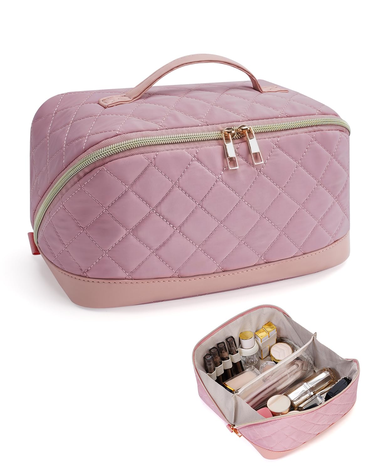 Wanderring Nature Kosmetiktasche Damen Reise Make Up Tasche mit Bürstenfach wasserdichte Groß Schminktasche für Alltag Tragbare Kulturbeutel mit Trenneinlage und Griff,Rosa(Patent Angemeldet)