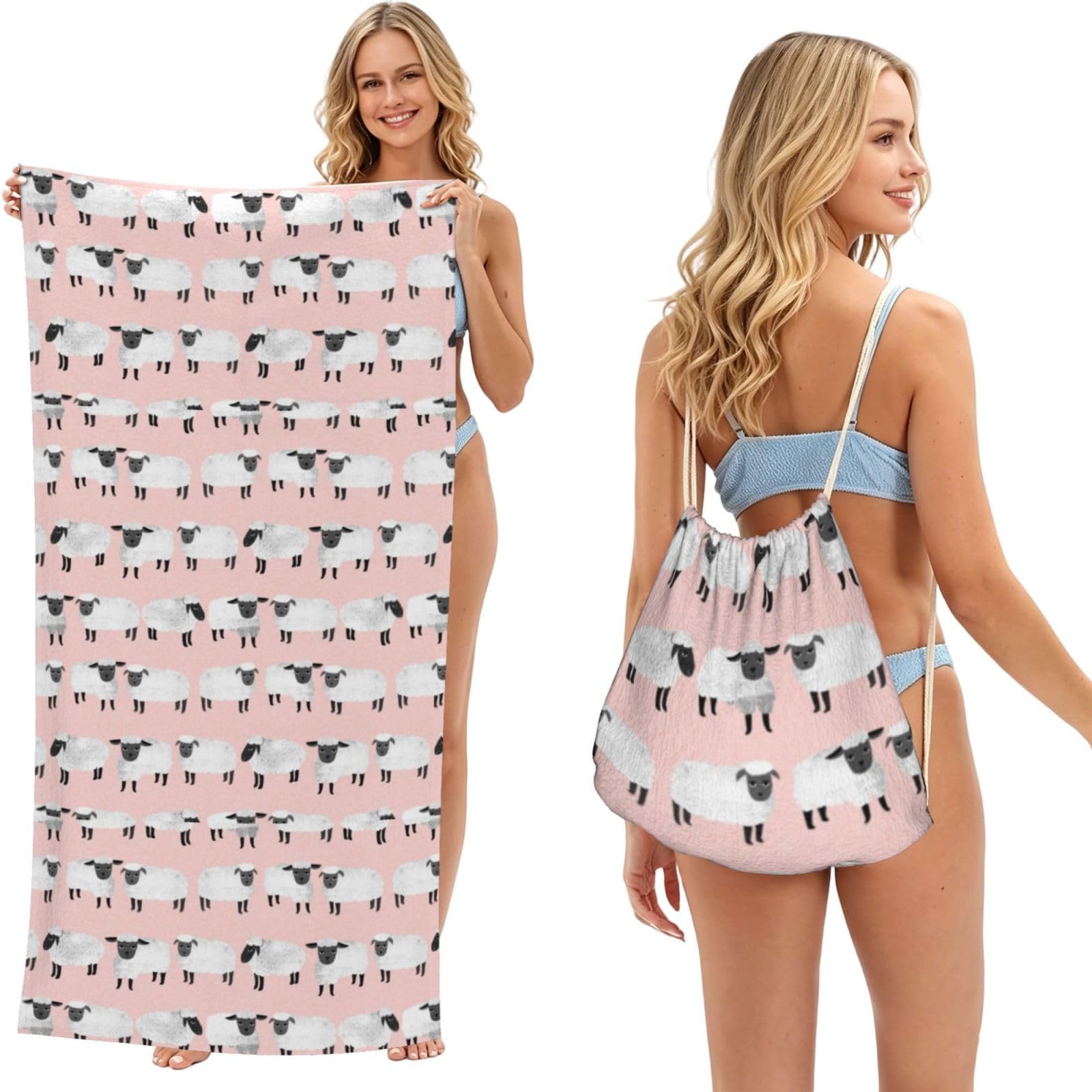 Poadnly As Picture Sheep Pastel Pink Sheep Wool Farm Animal, 2 In 1 Packable Towel Bag, Beach Towels With Drawstring Backpack For Travel Holiday Camping