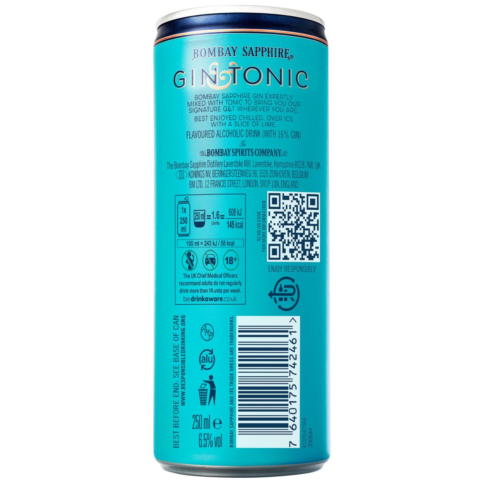 Lattine di cocktail pronti da bere Bombay Sapphire Gin and Tonic Ready to Drink, 6,5% vol., 25 cl / 250 ml (Confezione da 12), Drink alcolici con London Dry Gin 100% infuso a vapore