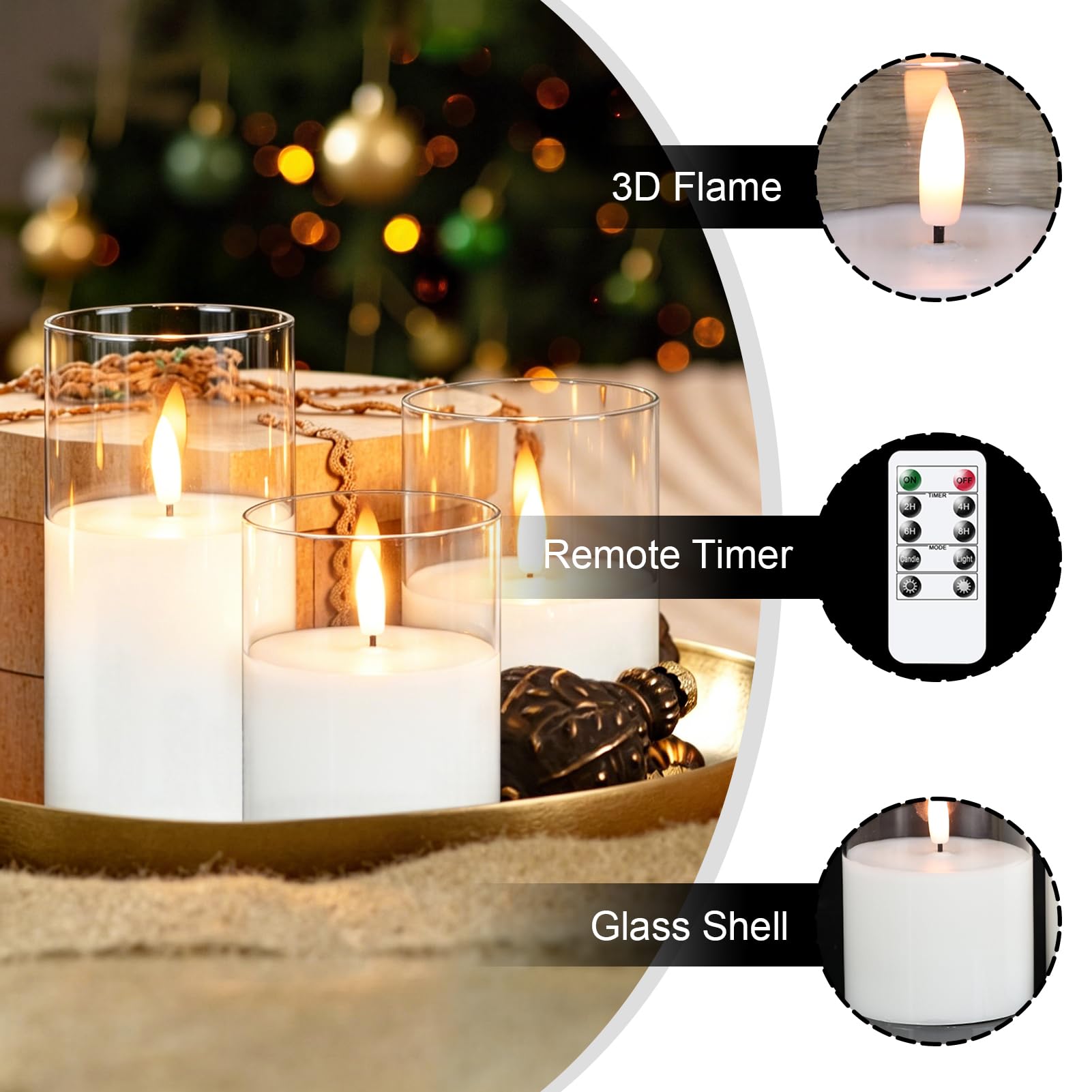 GenSwin Candele ricaricabili senza fiamma con timer remoto, candele a LED trasparenti a batteria con fiamma tremolante, vetro e vera cera, decorazione per la casa e le vacanze (set da 3, diametro 7,6