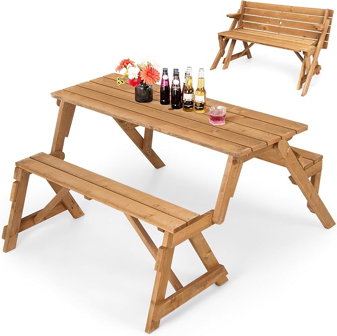 GYMAX Picnic Table, 2 in 1 Convertible Picnic Bench Table
