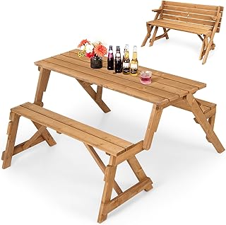 GYMAX Picnic Table, 2 in 1 Convertible Picnic Bench Table Set, Transforming Interchangeable Wooden Picnic Table with Umbrella Hole, Collapsible Outdoor Patio Dining Table Garden Bench