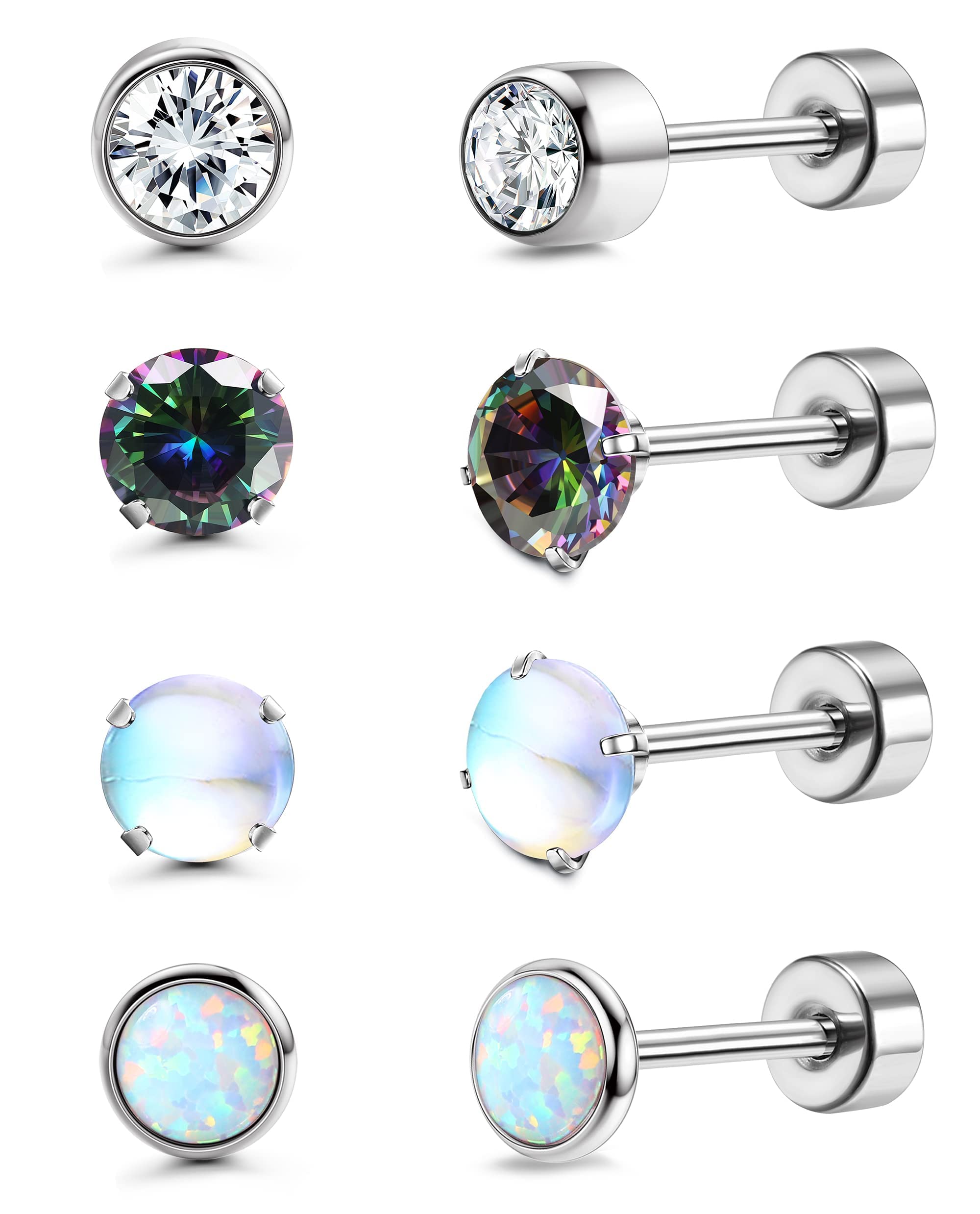 FIOROYAL4 Pairs Titanium Earrings Studs Flat Back Earrings for Women Men Opal Moonstone Onyx Cubic Zirconia Cartilage Flat Back Earrings Stud