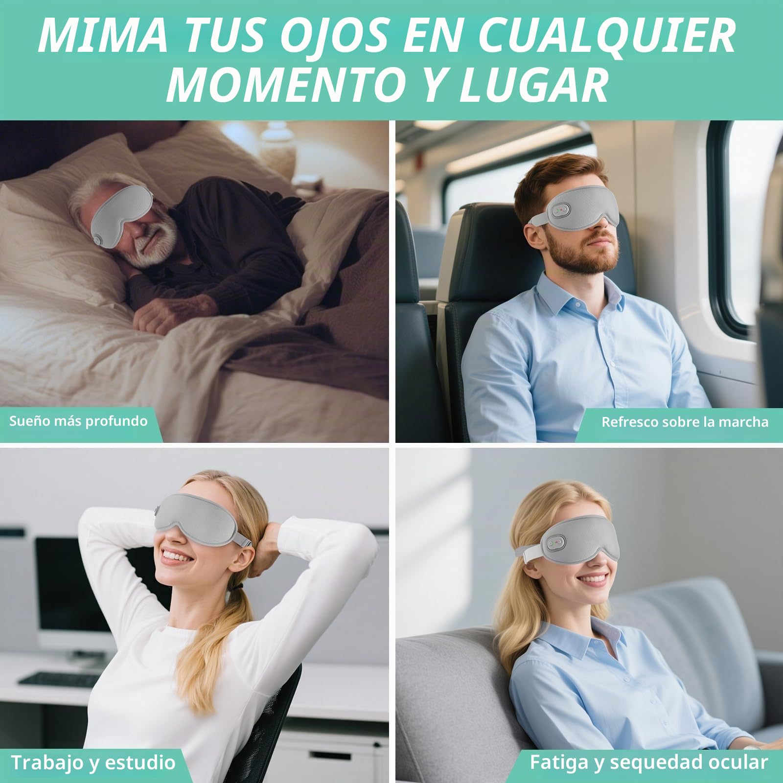 VINTEAM Máscara de Ojos Calentada 3D Mascarilla de Ojos con 3 Niveles de Calor, Temporizador de 3 Modos Máscara Ocular Térmica Recargable con 1200mAh Batería Alivia Fatiga Ocular para Hombre Mujer