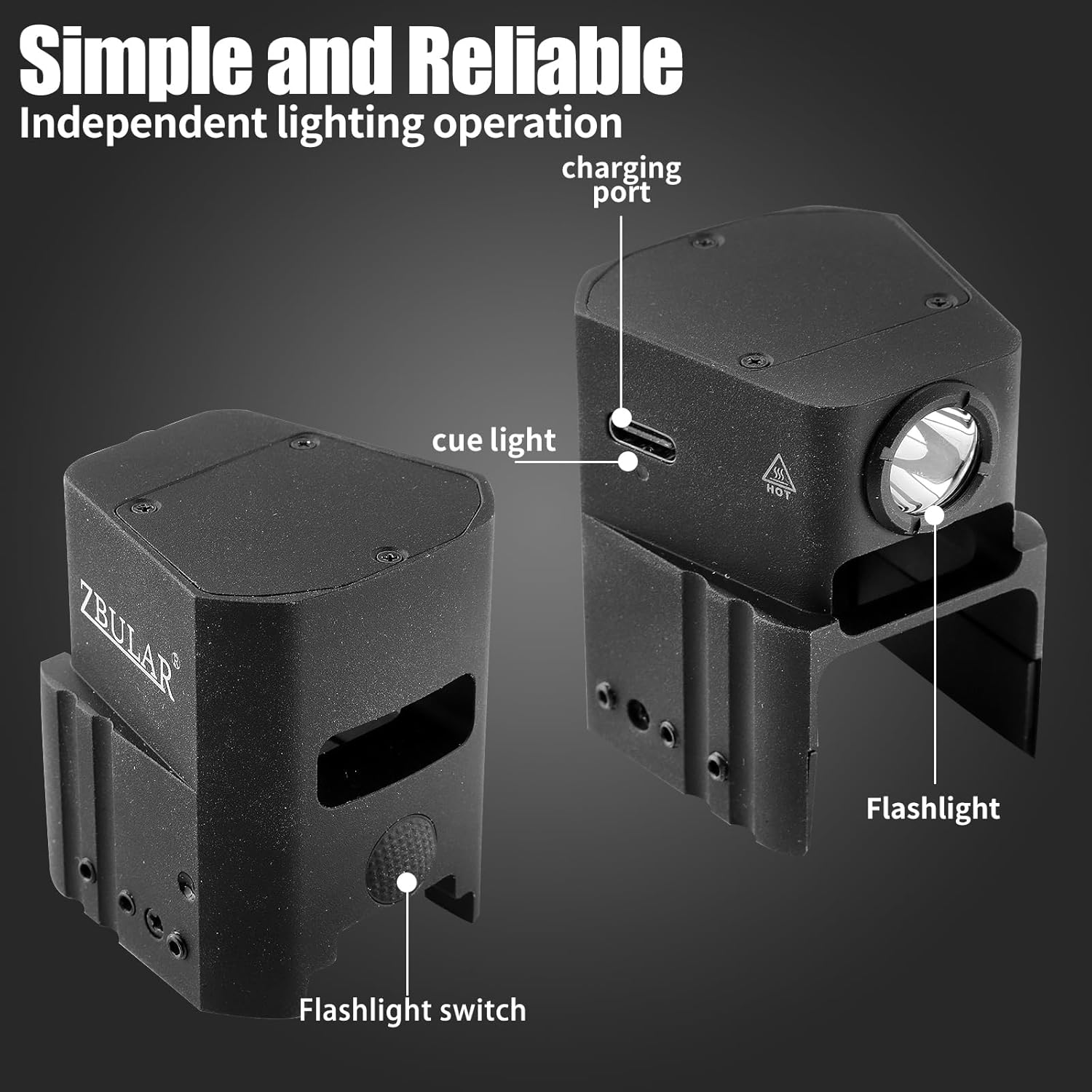 Diagram of the ZBULAR AL10 Pistol Light highlighting its components: charging port, cue light, flashlight, and flashlight switch.