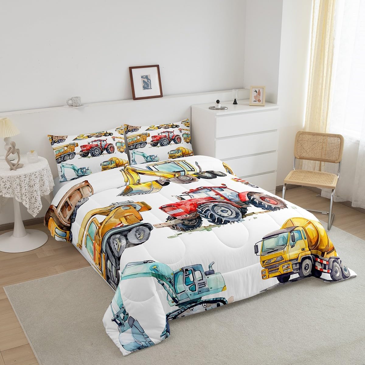 Erosebridal Kids Excavator Comforter Set Full Size, Retro Truck Down Comforter for Boys Girls Teens, Tractor Machinery Construction Vehicle Bedding Set Crane Digger Mixer Quilted Duvet Bedroom Decor