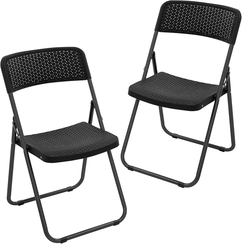 ECD Germany Lot de 2 Chaises de Terrasse Pliantes, Aspect Rotin, Noir, Structure Métallique Robuste, Supporte Jusqu’à 200 kg, Résistantes aux UV et Intempéries, Peu Encombrantes, de Jardin Camping