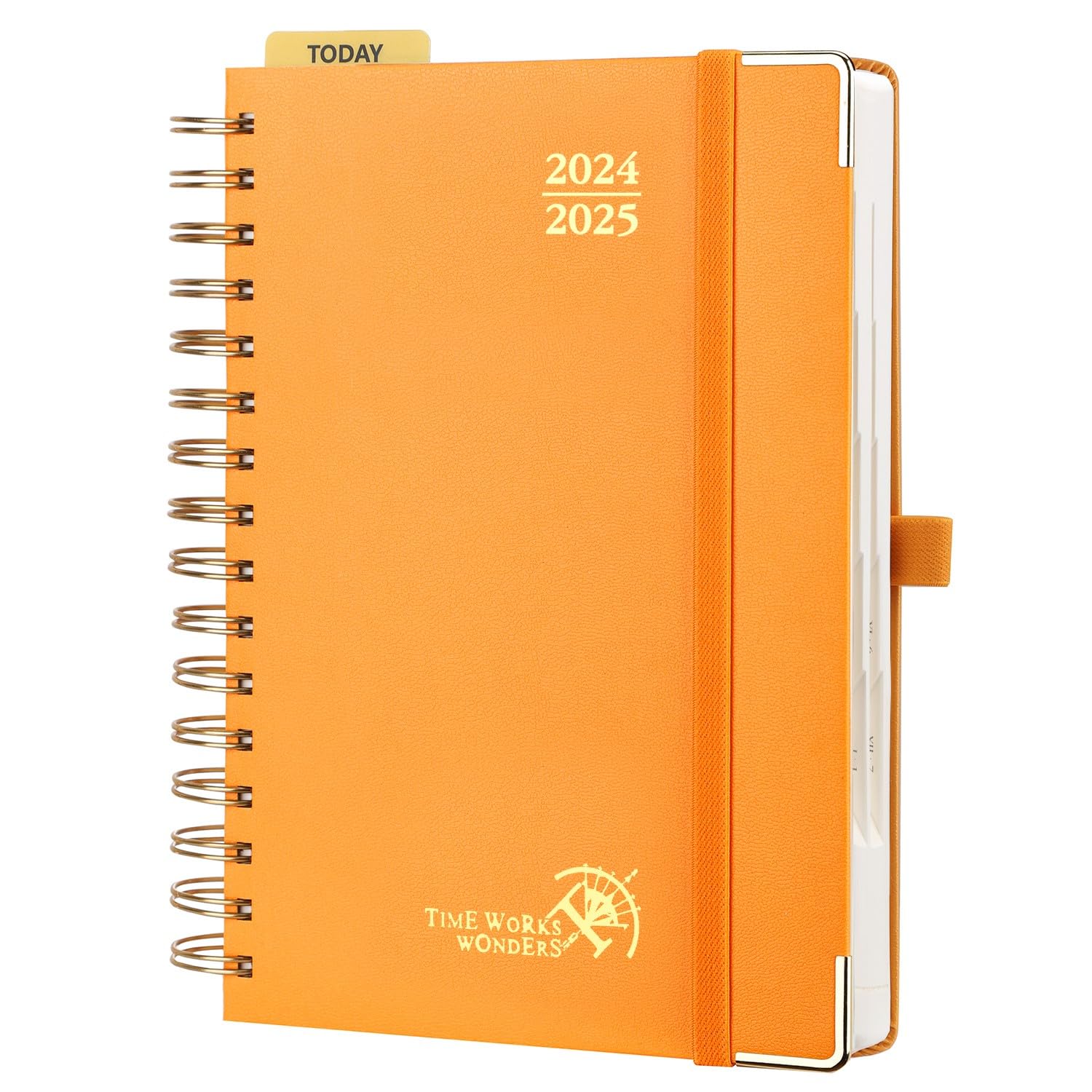 POPRUN Agenda 2024 2025 Dia Por Pagina 21,5 x 14,5 cm, Espiral Agenda Diaria 12 Meses de Ago.2024 a Jul.2025, Tapa Dura, Regla de Plásticol, 80 GSM Papel, Naranja