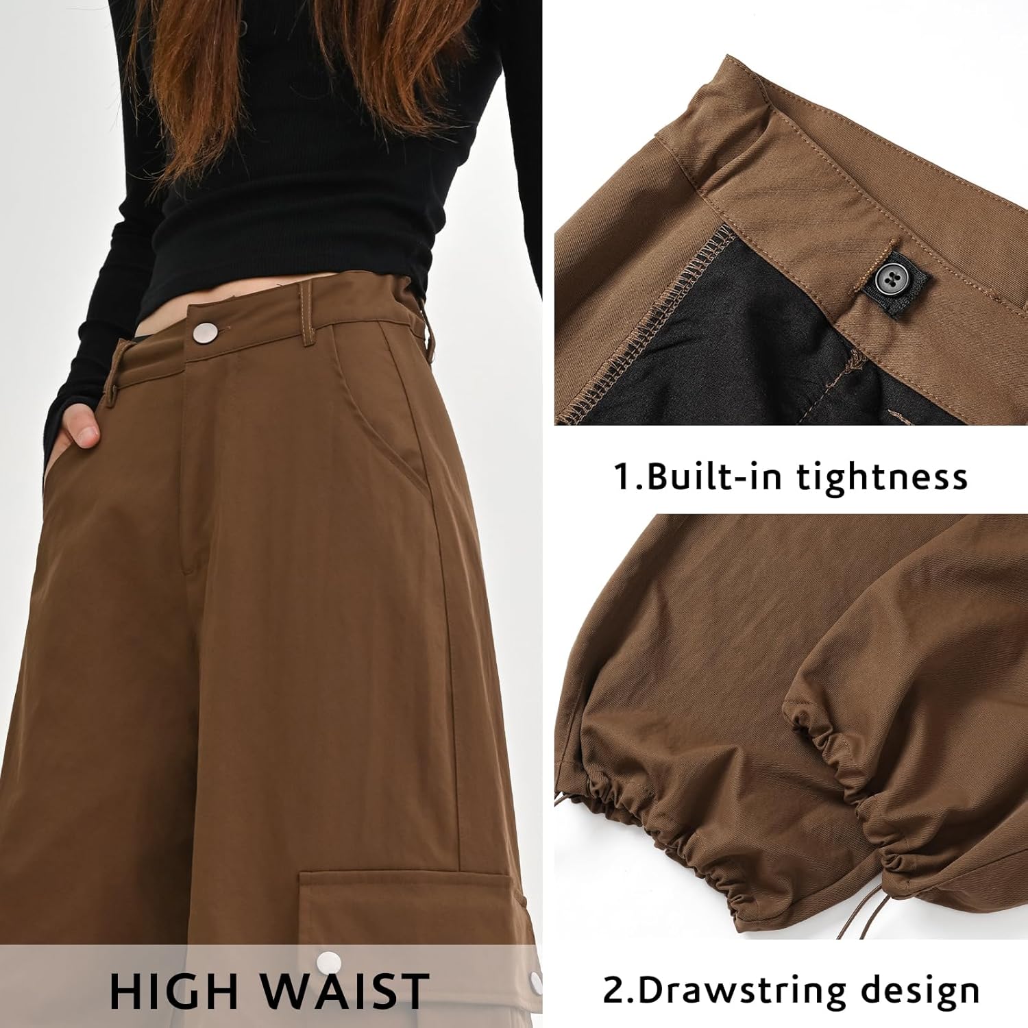 Parachute Pants for Girls Elastic Waist Wide Leg Cargo Pants with Pockets Drawstring Tapered Jogger Trousers - Image 5