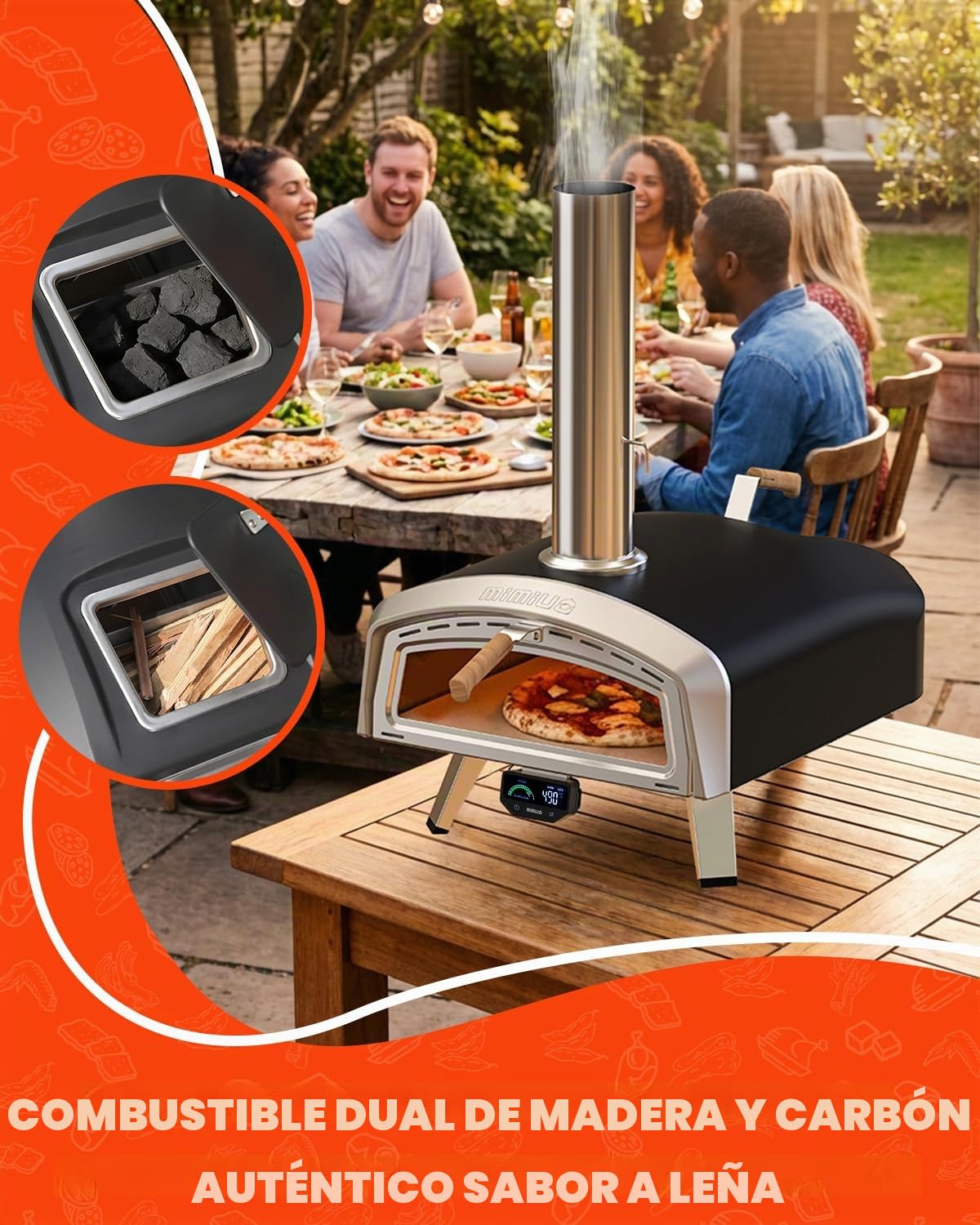 Mimiuo Horno Pizza Exterior Leña y Carbón – Horno Portátil de Acero Inoxidable con Ventana de Visualización y Termómetro LCD, 90s Horneado Rápido, Gran Capacidad para Pizza Napolitana Auténtica