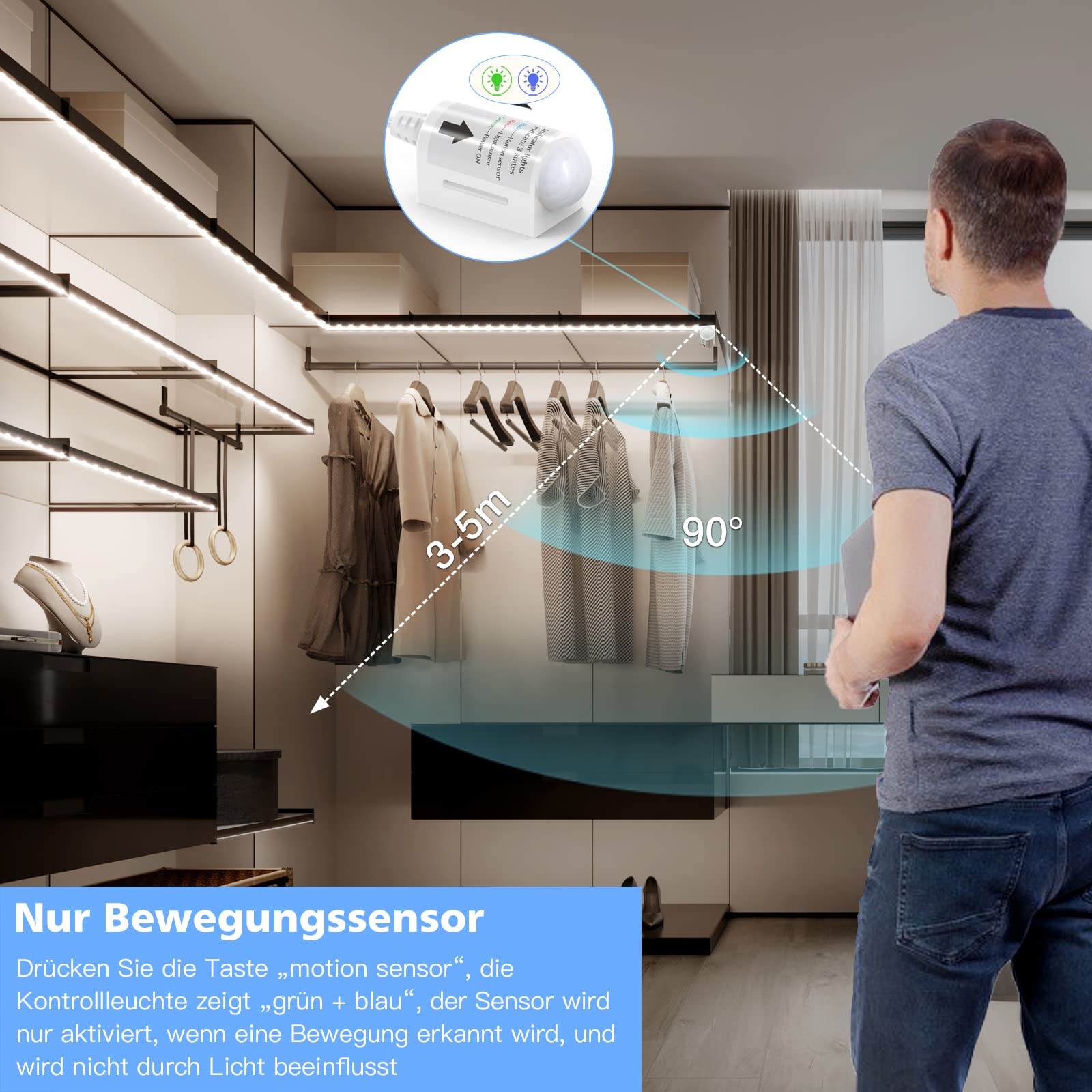 WOBANE Striscia Led con Sensore di Movimento, 5 Metri Strisce Led Adesive Bianco Freddo 6000K, Dimmerabile Striscia Led Cucina Sottopensile 12V con Telecomando per Interni Scale, Cucina,Guardaroba