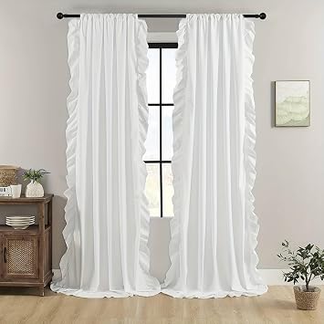 Farmhouse Curtains for Living Room 2 Panels Set - Solid Color with Ruffle Light Reducing Thermal Insulated Curtain/Panels/Drapes, White | 52W x 63L inch