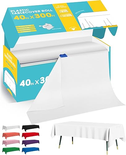 Miniatura 11 de Rollo de mantel de plástico blanco - 54 pulgadas x 100 pies, mantel para mesa rectangular con cortador deslizante, mantel de plástico desechable con