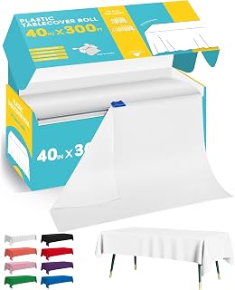 Niuara White Plastic Table Cover Roll - 40IN x 300FT, Table Cloth for Rectangle Table with Slide Cutter, Plastic Table Cloth Disposable with Cut-to-Size Design for Weddings, Banquets, Parties