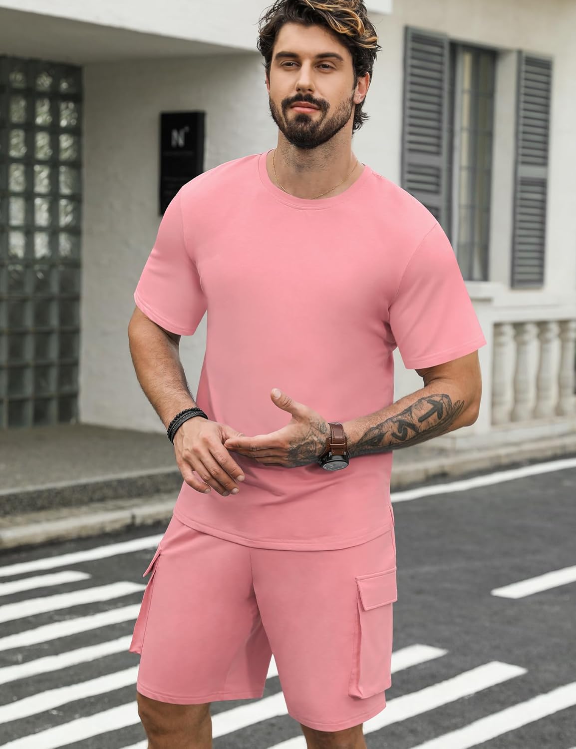 Babioboa Mens Short Sets 2 Piece Outfits Short Sleeve Crewneck Summer T Shirt and Drawstring Casual Track Shorts Set - Image 3