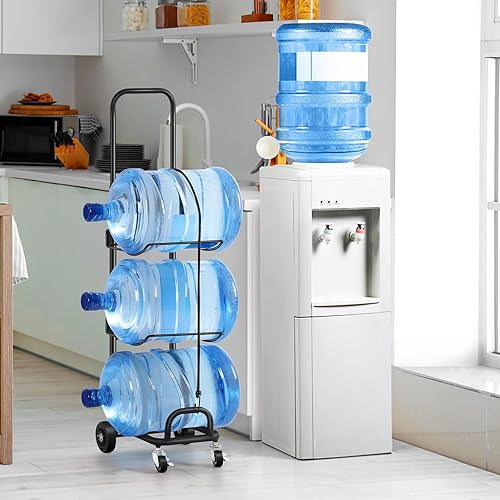 Miniatura 7 de Soporte para jarra de agua de 5 galones con ruedas, organizador de botellas de agua plegable de 3 niveles, soporte de almacenamiento para botellas