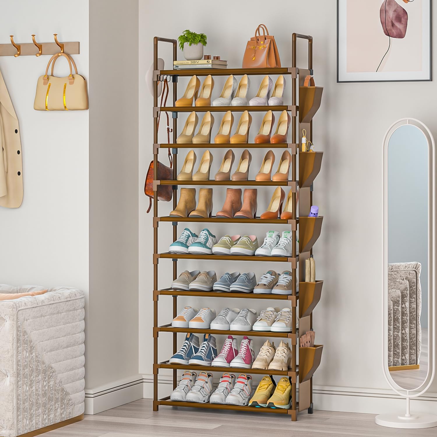 LUKYTOWER Tall Shoe Rack - 10 Tier Organizer for Closet, 30-35 Pairs, Large Capacity with 5 Hooks and Side Pocket, Sturdy Metal Shoe Shelf, Vertical Shoe Stand Tower