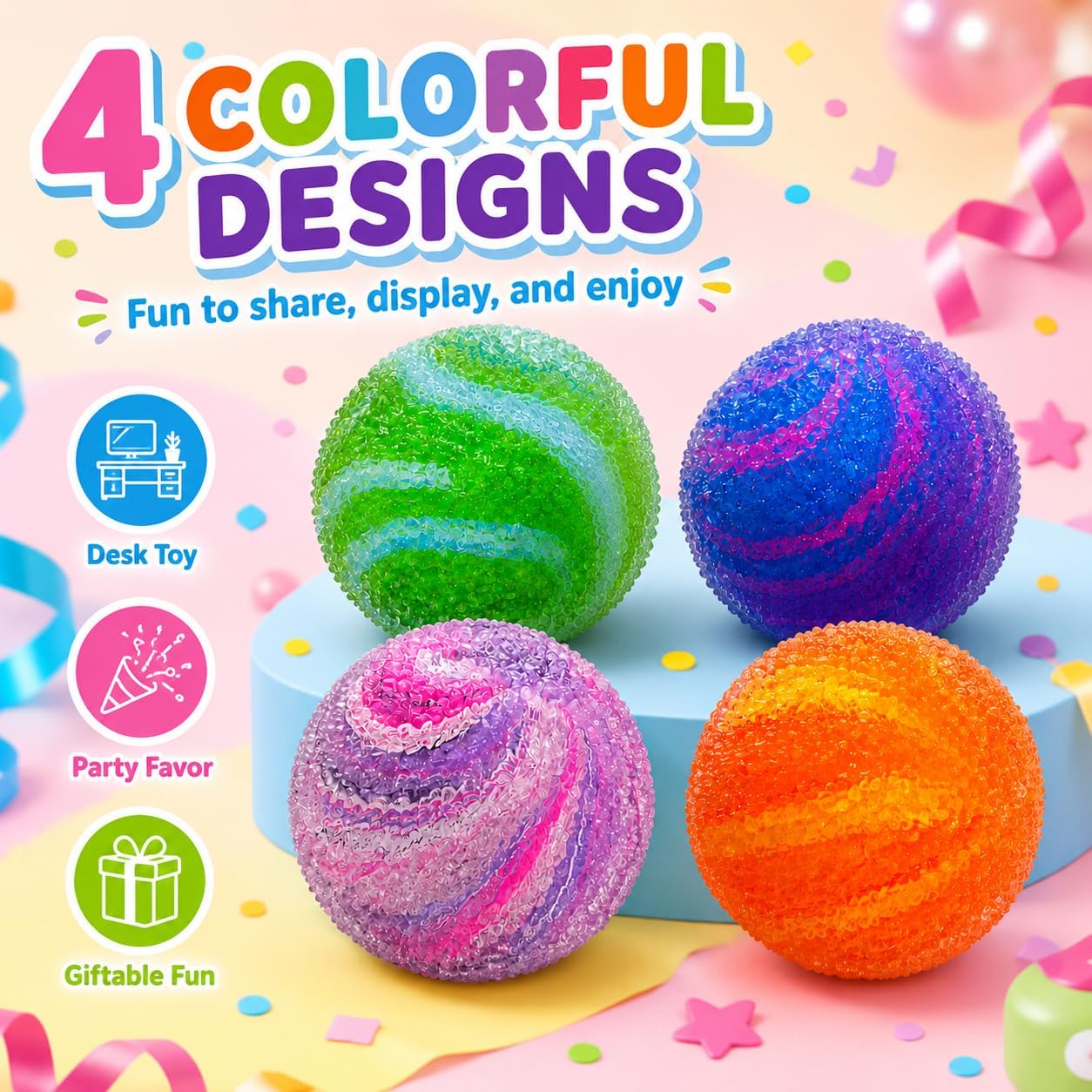 4-Pack Squishy Fidget Toy, Spherical Fidget Sensory Toys for Anxiety Relief | Quiet Stress Balls Soft Fidget Squishy Toys, ADHD Focus & Hand Therapy, Great for Kids, Adults, Classroom, Office, Travel