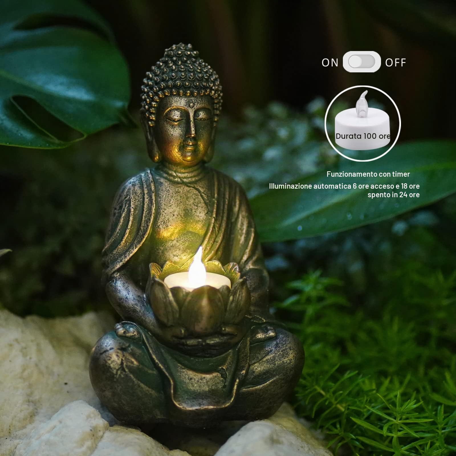 Yeomoo Statuetta di Buddha da meditazione, portacandela/portacandela decorativa per soggiorno, statuette di Buddha con loto Zen, decorazione da giardino per esterni con tealight a LED, regali