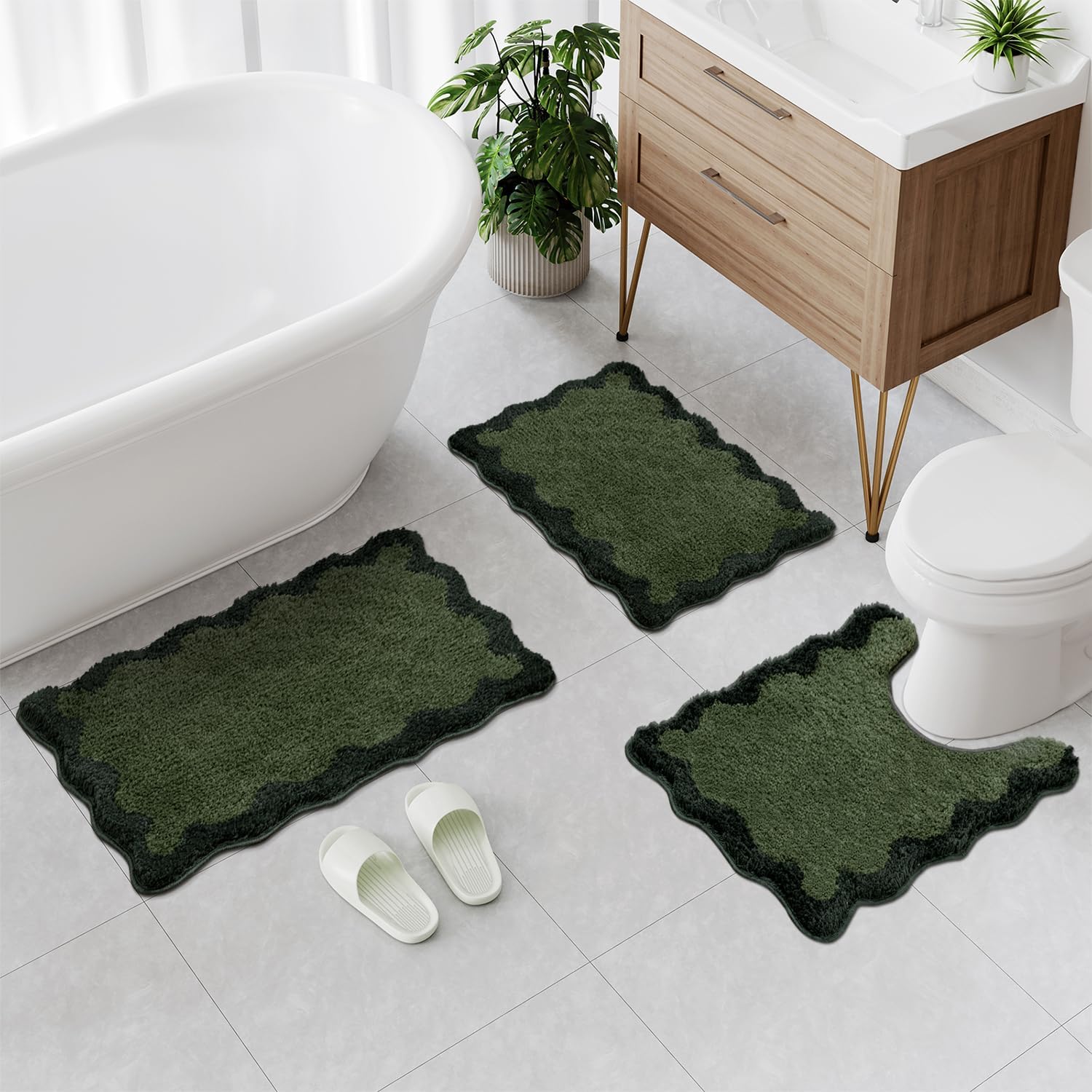 Uphome Scalloped 3 Piece Bathroom Rug Set Green Non-Slip Cute Bath Mat with U-Shaped Contour Quick Dry Absorbent Plush Microfiber Toilet Mat Modern Machine Washable Fun Floor Mats for Sink Tub Shower