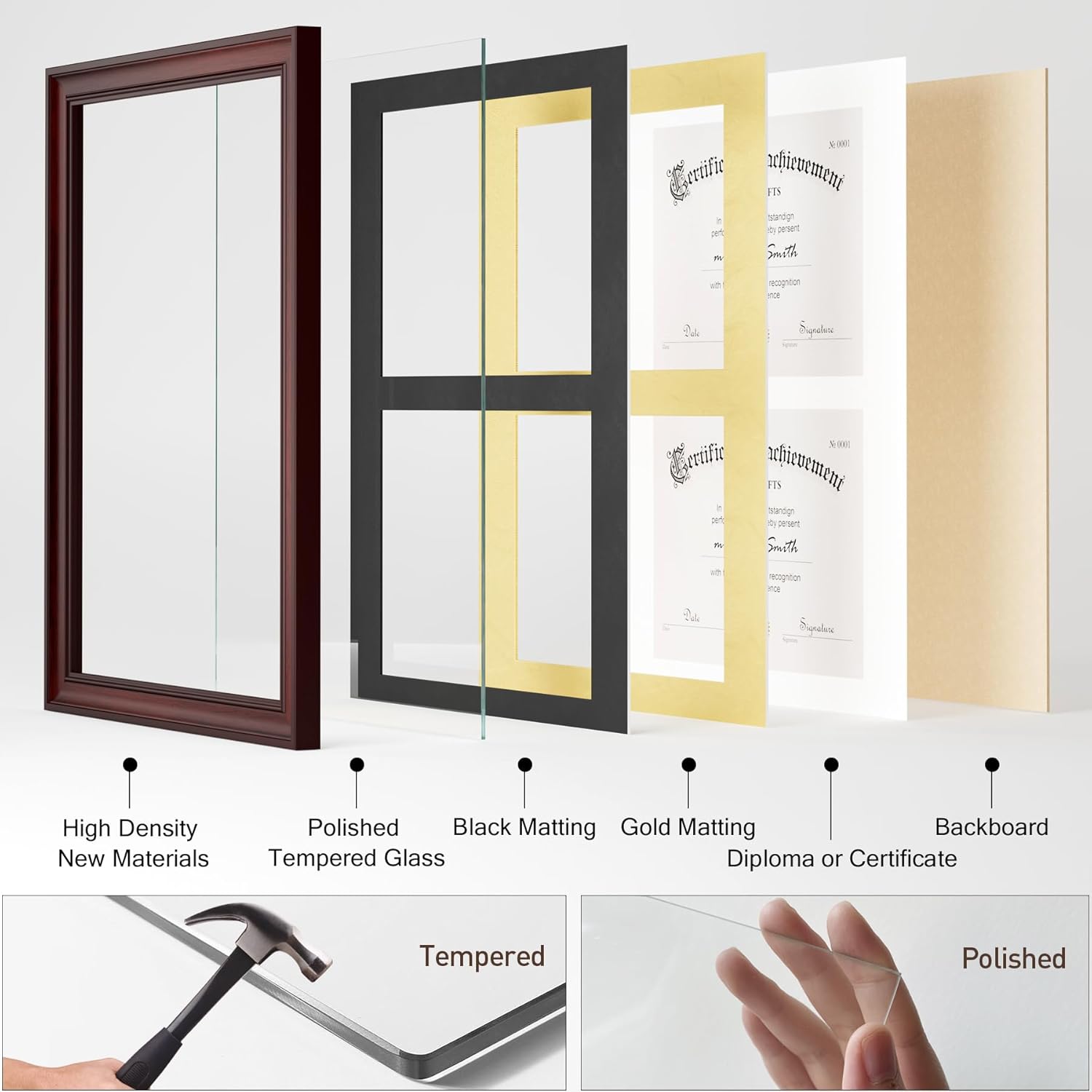 Yaetm Vertical Double Diploma Frame 14x20 for Two 8.5x11 Certificates, Degrees, Documents, Tempered Glass with Black Over Gold Acid-free Mats, Dual Diploma Frames, Mahogany/Black - Image 5